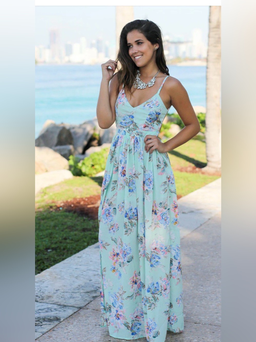 MINT FLORAL MAXI DRESS WITH OPEN BACK AND SIDE SLIT size Medium